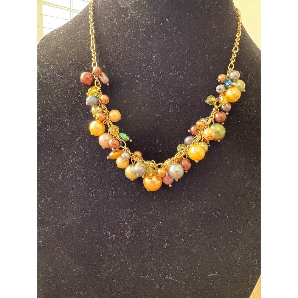 Gold Tone Multi Color Faux Pearl Glass Bead Cluster Bib Statement Necklace